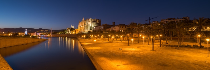 Palma Cathedral and waterfront at night, Spain