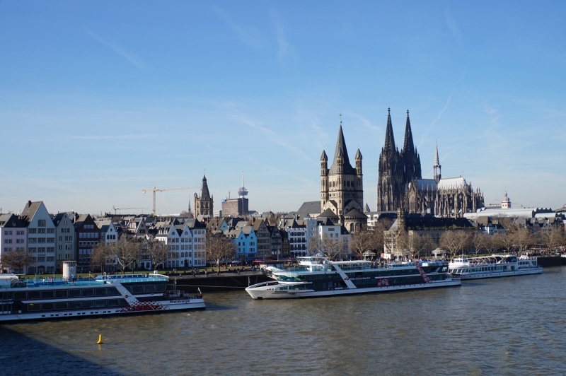 Cologne Cathedral and Riverboats on the Rhine River, Germany