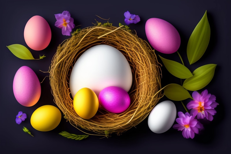 Easter Eggs in a Nest with Flowers
