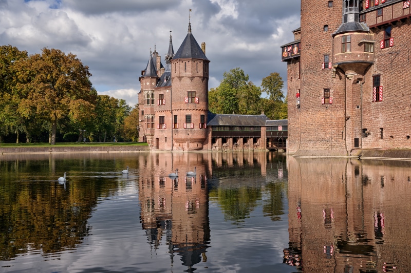 De Haar Castle with Swans in Pond, Netherlands