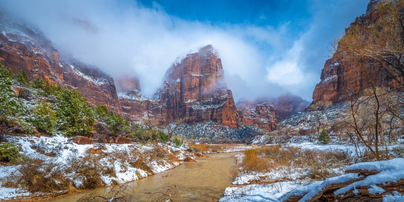 Zion National Park Mountains River in Winter