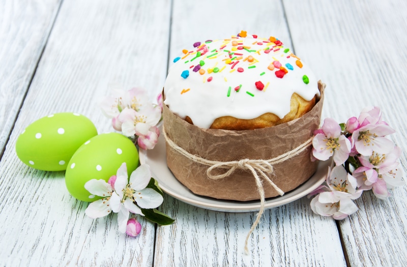 Easter Kulich with Eggs and Flowers