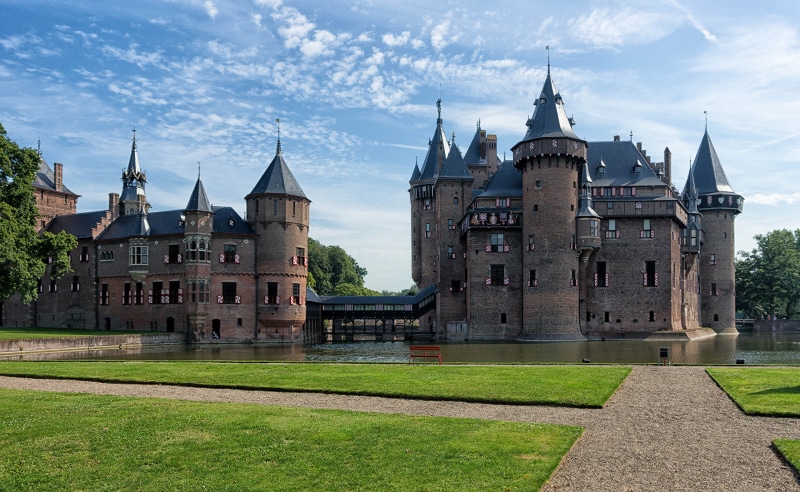 De Haar Castle in the Netherlands with a pond and garden