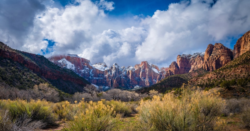 Zion National Park Mountains with Snow and Clouds