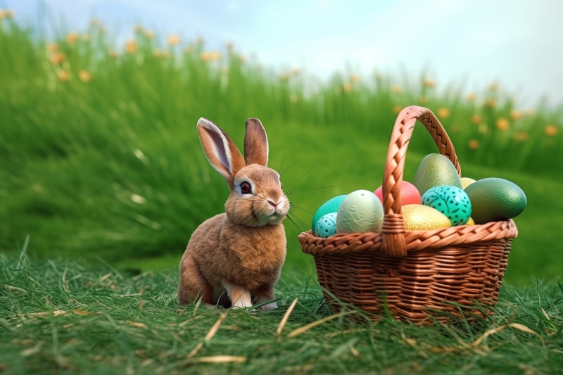 Easter bunny with a basket of eggs in a grassy field