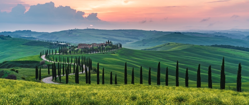 Winding Road through Tuscan Hills at Sunset