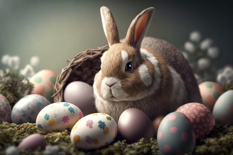 Easter bunny with decorated eggs in a nest