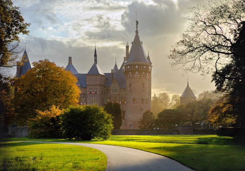 De Haar Castle in the Netherlands with autumn trees