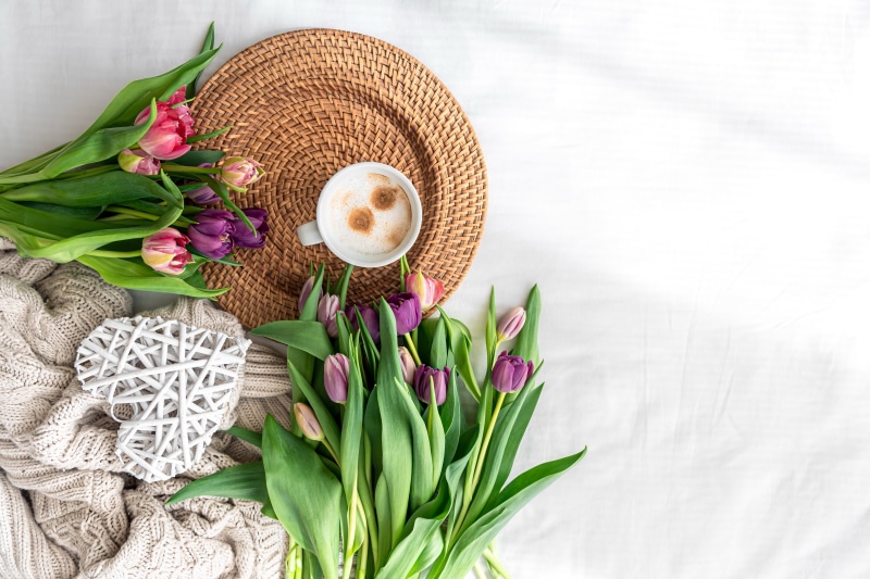 Coffee cup with tulips and blanket