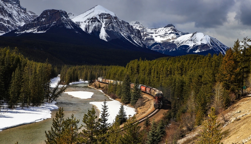 Train traveling through Banff National Park, Canada