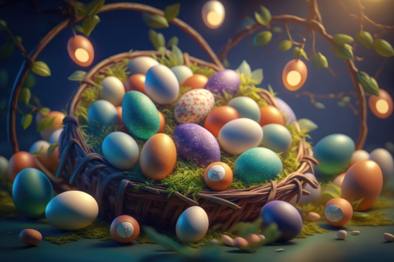Easter eggs in a wicker basket with lights