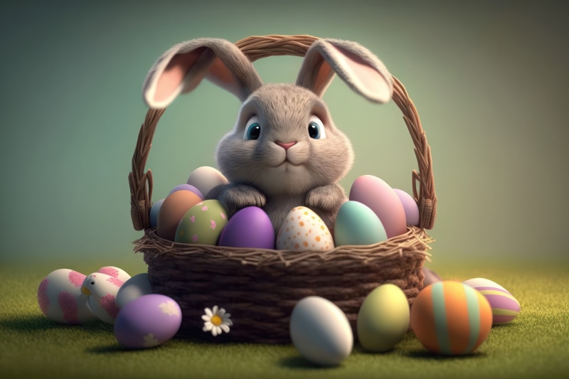 Easter bunny in a basket with decorated eggs