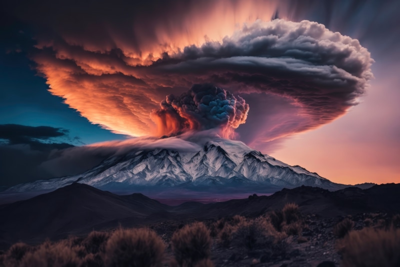 Volcano eruption with dramatic clouds over mountains