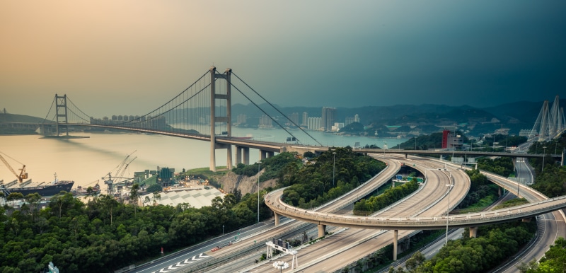 Tsing Ma Bridge and Highway Interchange in Hong Kong