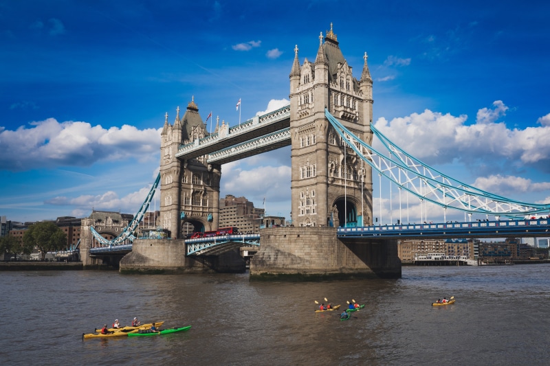 Tower Bridge London with kayakers on the Thames River