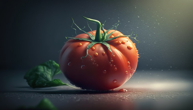 Tomato with water drops and basil leaf