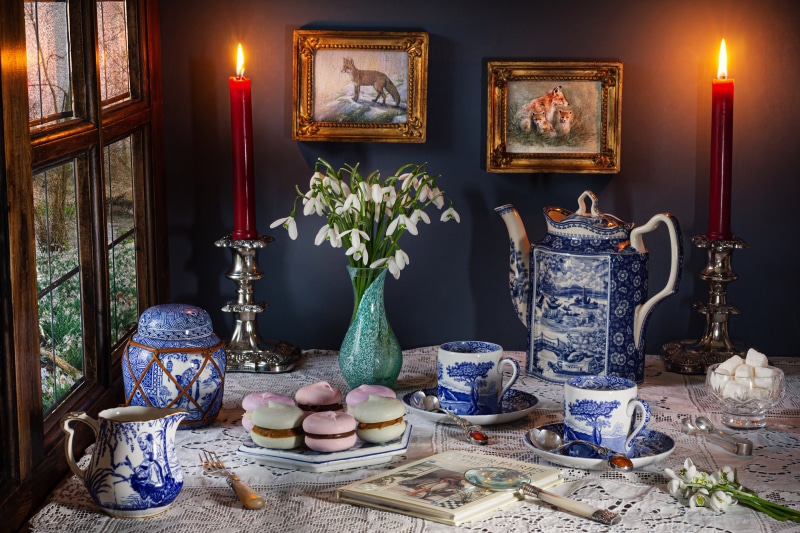 Tea set with snowdrops and fox paintings