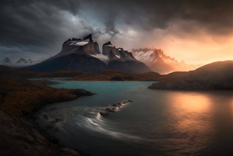4K Patagonia Mountains and Lake Under Dramatic Clouds