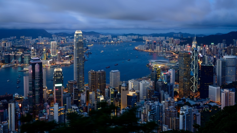 Hong Kong skyline at dusk with Victoria Harbour