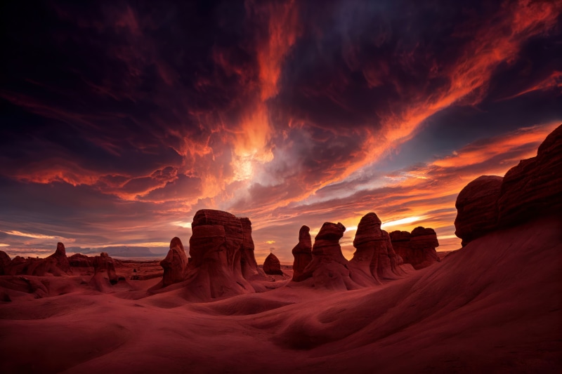 Sunset over desert rock formations