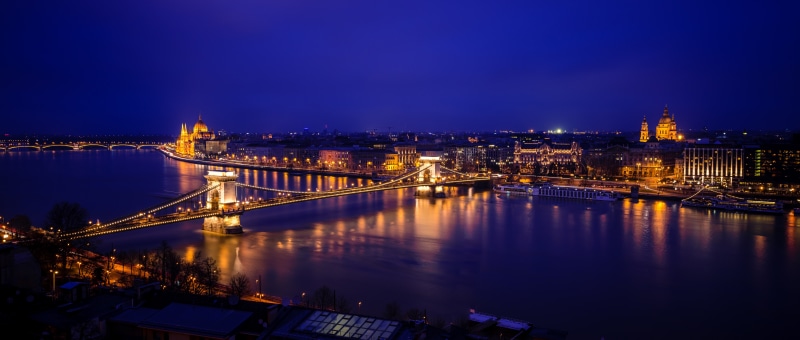 Budapest Hungary at Night with Bridges and River