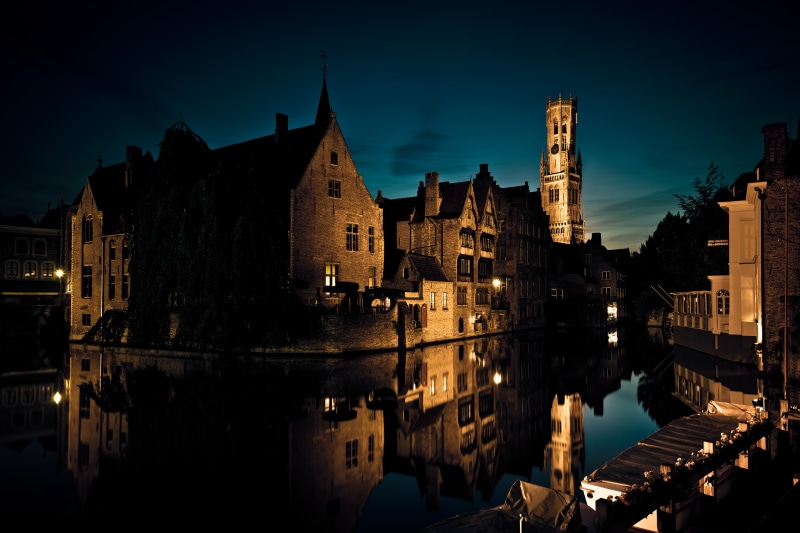 Bruges Canal at Night with Belfry Tower