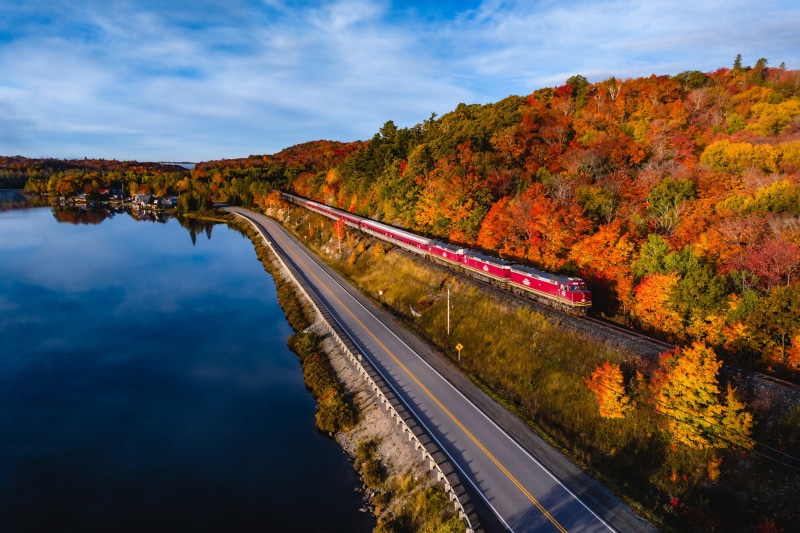 VIA Rail train in Algoma, Canada during autumn