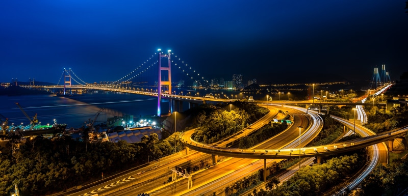 Tsing Ma Bridge and highway interchange at night