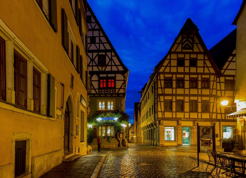 Rothenburg, Germany street at dusk with half-timbered houses