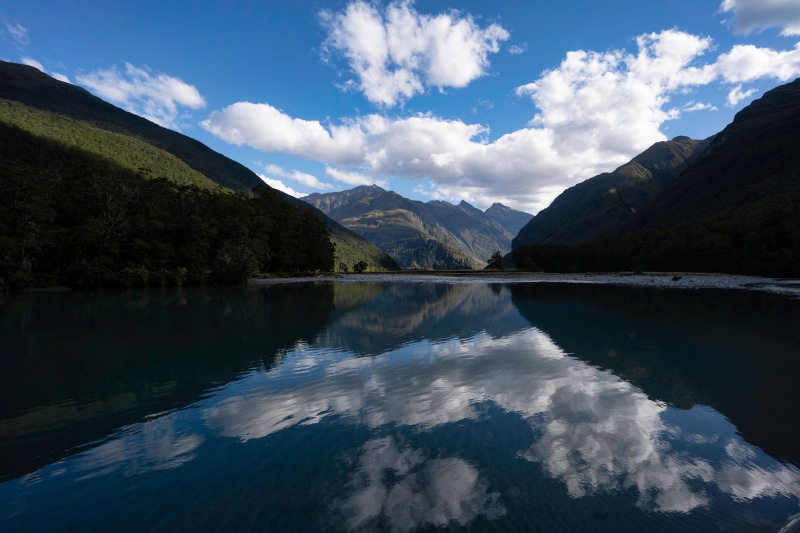 4K Matukituki River, New Zealand Mountains and Clouds Reflection