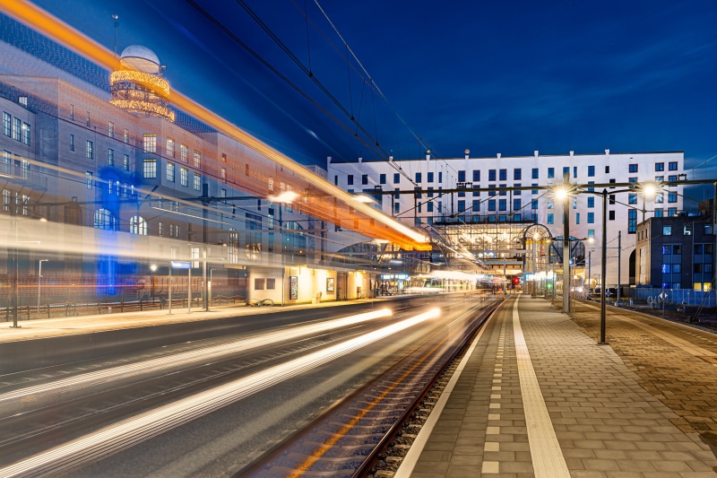 Bahnhof Heerlen train station at night with light trails