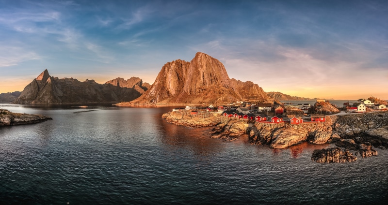 Norway Lofoten Mountains and Red Houses