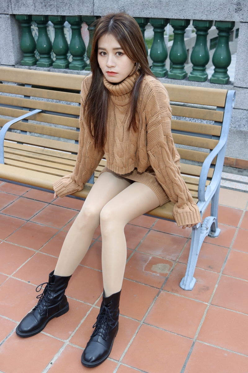 Asian Bench Sitting Legs Boots Pantyhose Skirt Sweater
