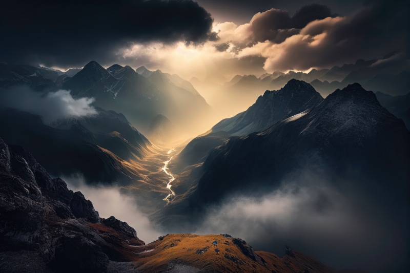 4K Mountains River Valley Clouds