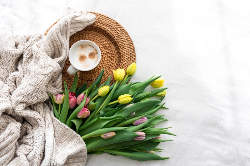 Bouquet of Tulips with Coffee and Sweater