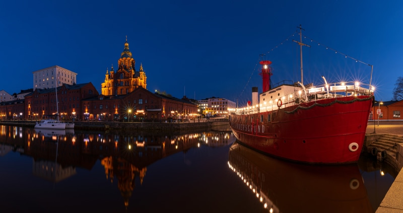 Helsinki waterfront with Uspenski Cathedral and ship at night