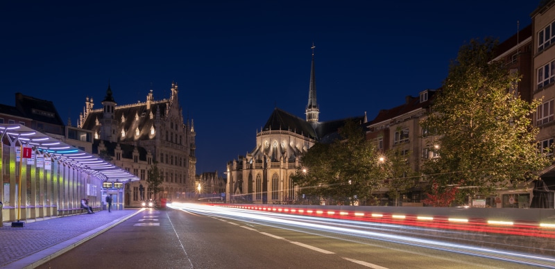 Night view of Leuven, Belgium with light trails