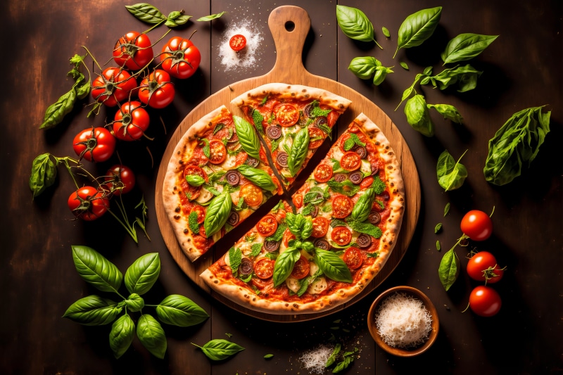 4K Pizza with Tomatoes and Basil on Cutting Board