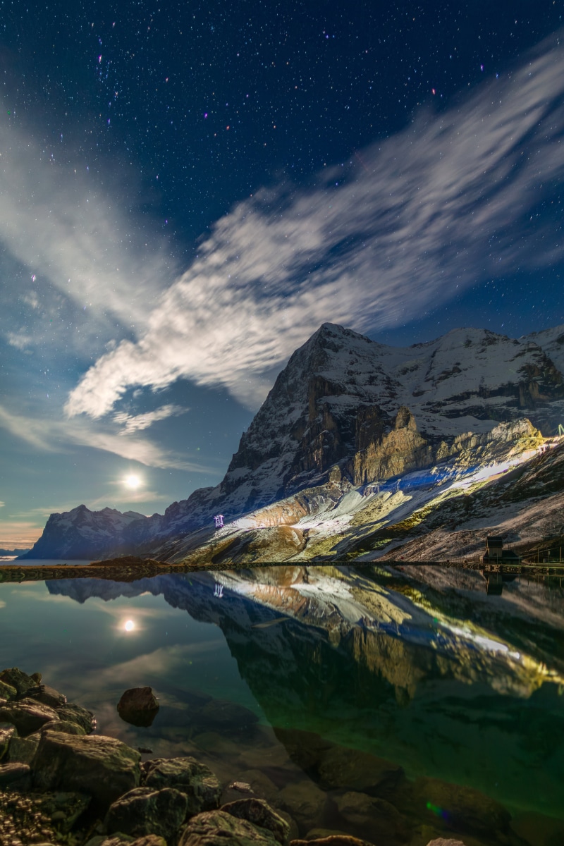 Moonlit Mountains Reflecting in Fallbodensee, Switzerland