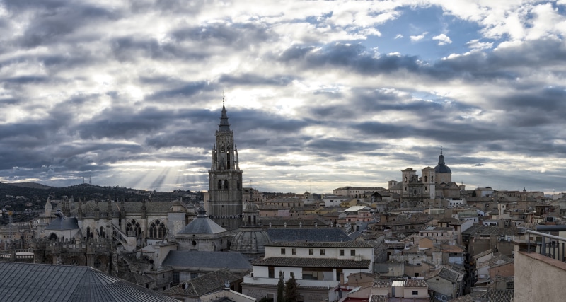 4K Toledo Spain cityscape with cathedral and clouds