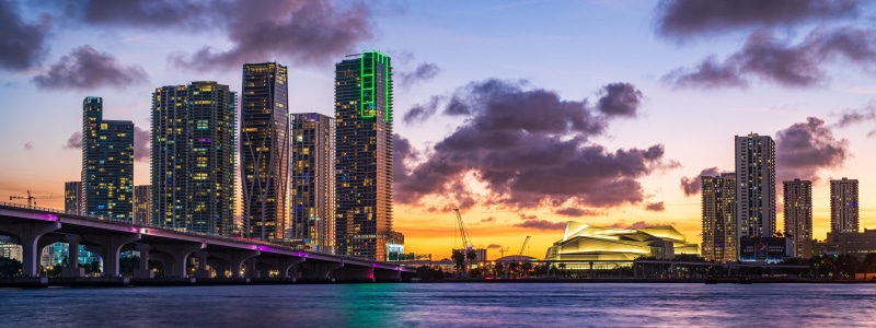 Miami Skyline at Dusk with Bridge and Water