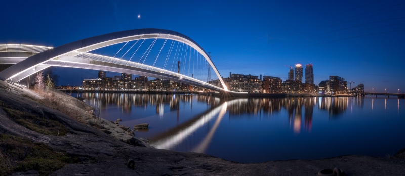 Kalasatama bridge and skyline at night, Helsinki, Finland