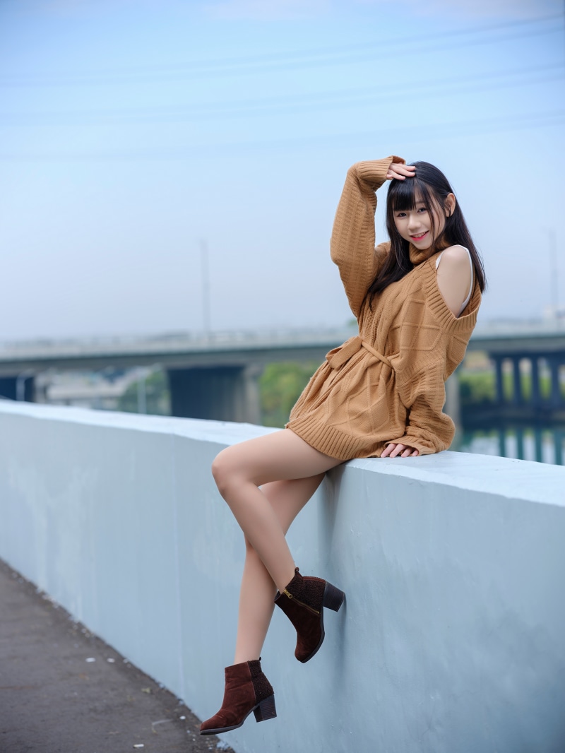 Asian woman in a brown sweater dress and boots posing outdoors
