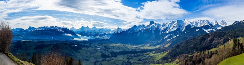 Panorama of Swiss Alps with Lake and Valley