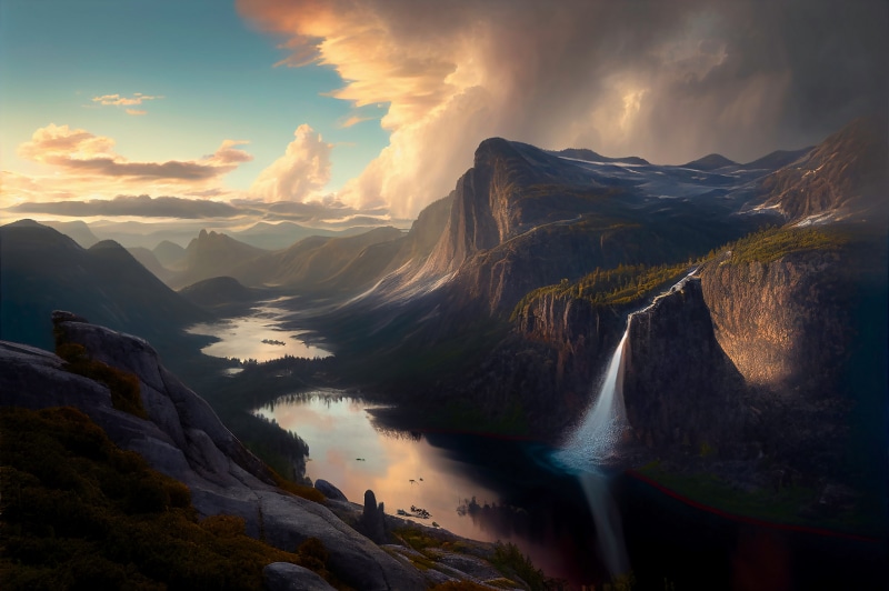 Mountains with a Waterfall and Lake at Sunset