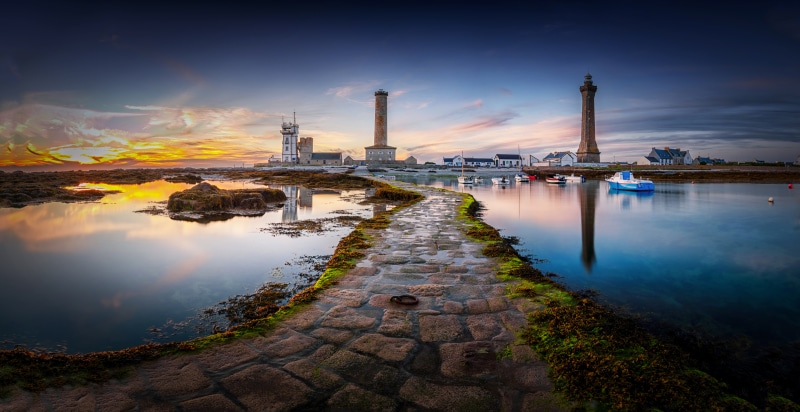 Lighthouses and stone path at Kersuluan, France