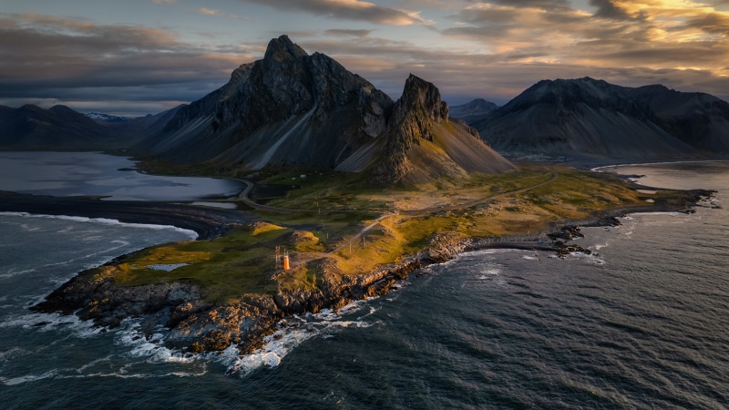 Eystrahorn Mountains and Coastline in Iceland from Above