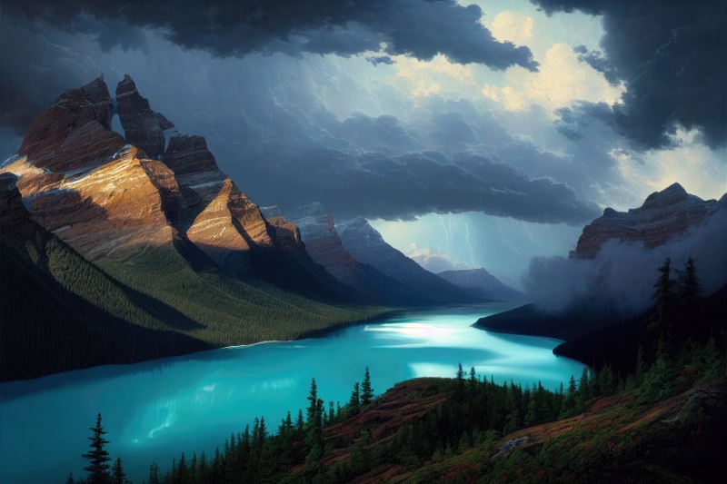 Mountains and Lake with Thunderstorm