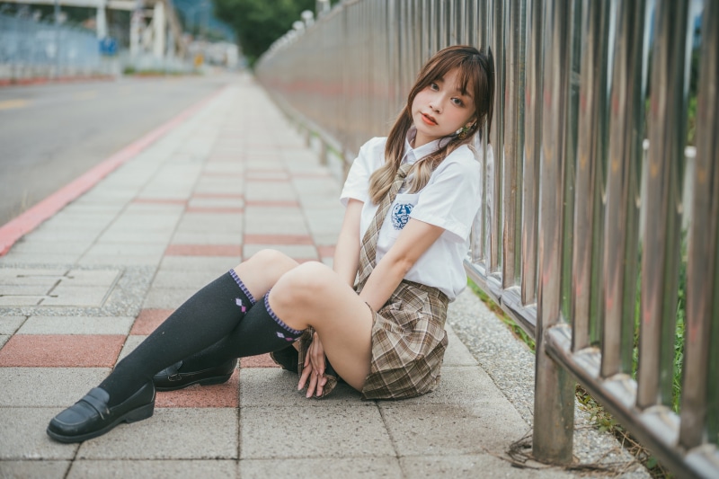 4k Asian Sitting Knee Highs Legs Skirt Blouse Glance Hd