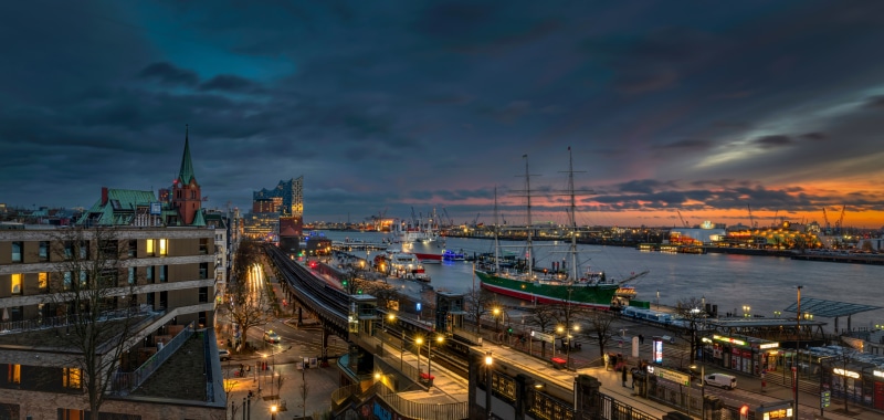 Hamburg harbor at dusk with Elbphilharmonie